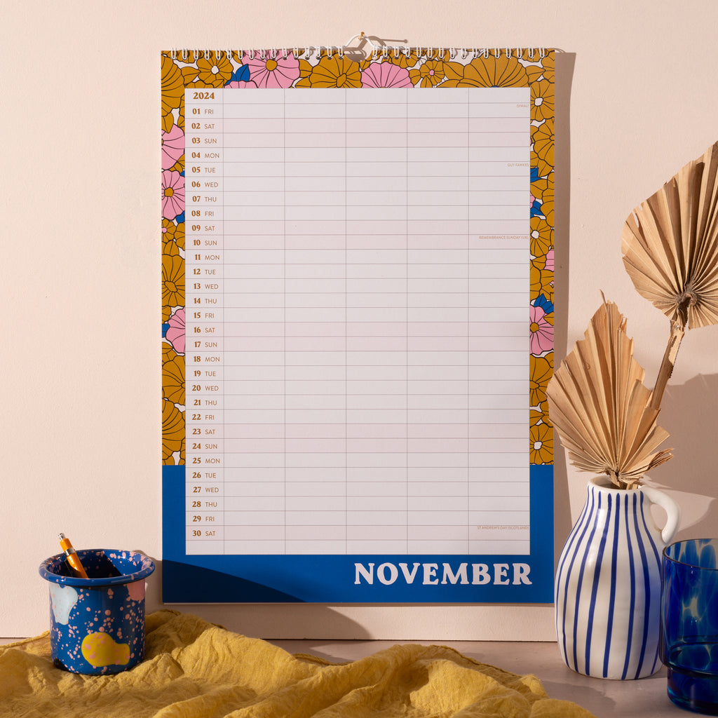 A3, Large Calendar with 5 columns, perfect for getting the family organised this academic year, 2023-2024. Design with a retro floral pattern. 100% Recycled. Made in the UK.