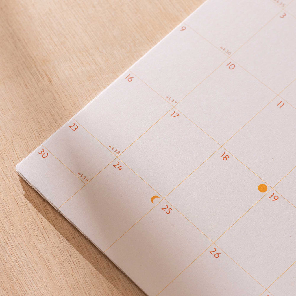 Calendar includes week numbers, moon phases, noteable dates and UK bank holidays.
