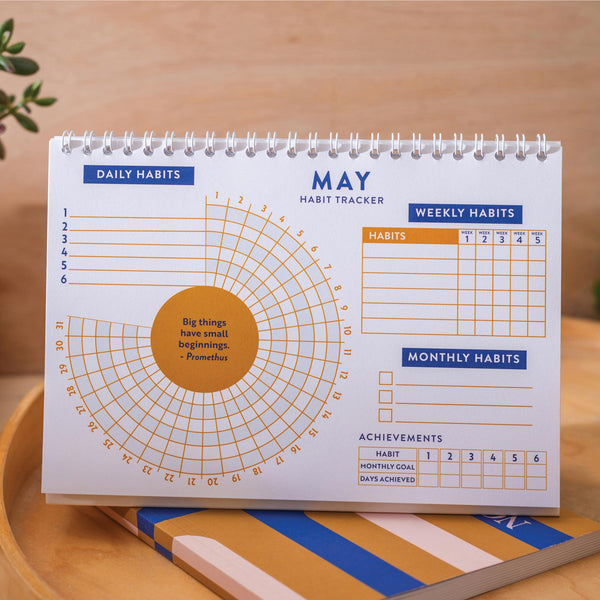 12 month habit tracker. Set and track daily, weekly, and monthly habits. A5 freestanding goal tracker. 100% recycled paper. Made in the UK.
