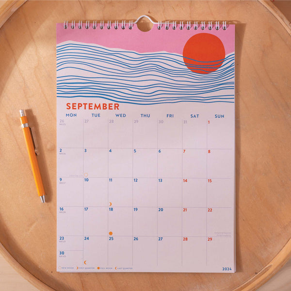 academic 2024-2025 year calendar. 12 months. tidal oceans waves. 100% recycled paper.