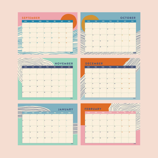 academic year 2024-2025 desk calendar, A5 size. Minimalist ocean inspired design. 100% Recycled Paper and made in the UK.