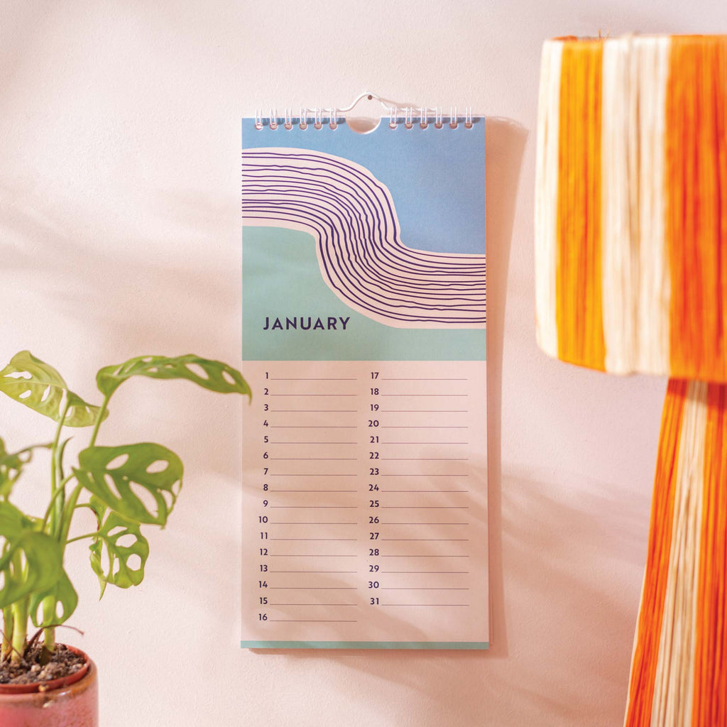 Undated Perpetual Birthday Calendar. Tidal Waves. Lined Art. 100% Recycled Paper and Made in the UK.
