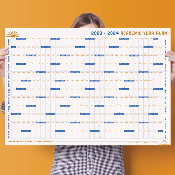 2023-2024 Academic Wall Planner in blue & orange. September 2023 to August 2024. 100% Recycled Paper. Made in the UK.