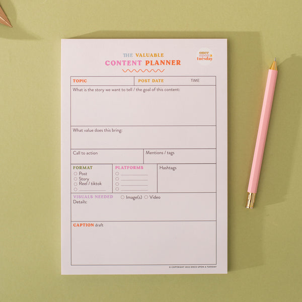 A5 Colourful Social Media Daily Planner Pad. Plan out individual pieces of content in detail with the help of this handy planner pad. 100% Recycled Paper and Made in the UK.