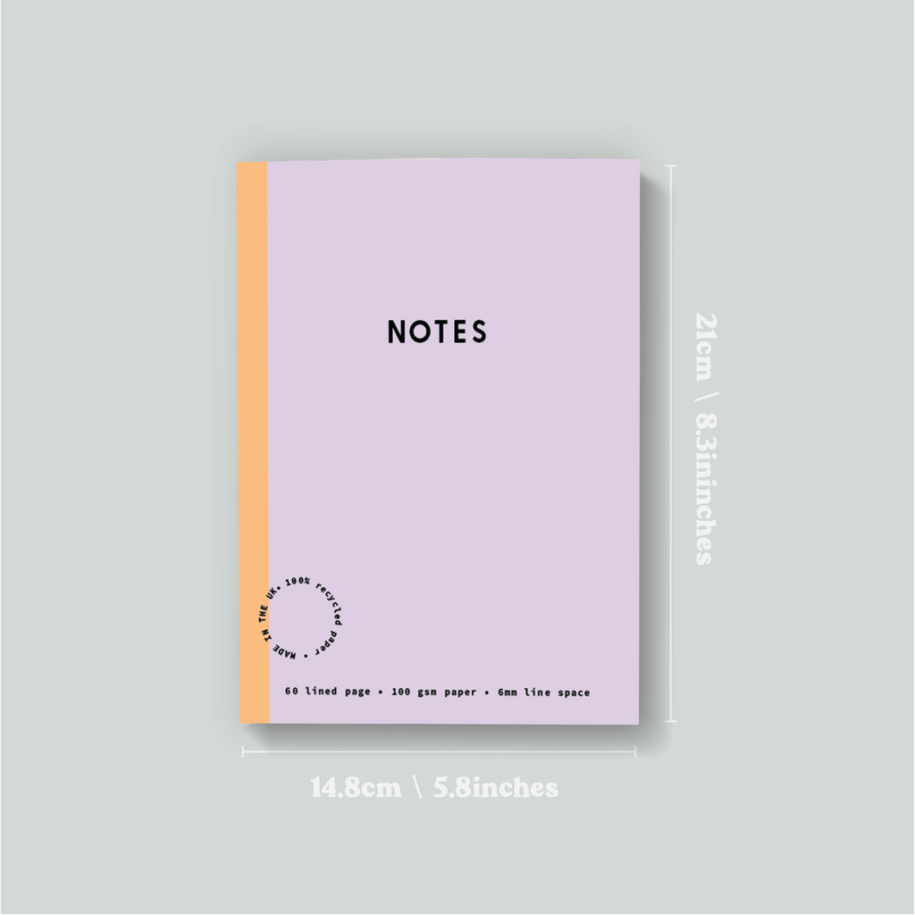 lilac lined notebook. 60 pages. 100% recycled paper.