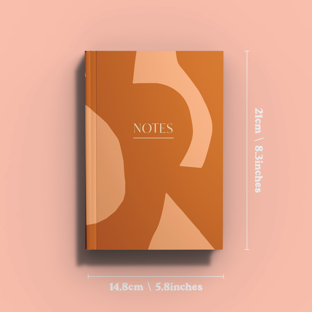 a5 lined notebook. 128 pages. lay flat. 100gsm 100% recycled paper. designed in a earthy tone with abstract shapes.