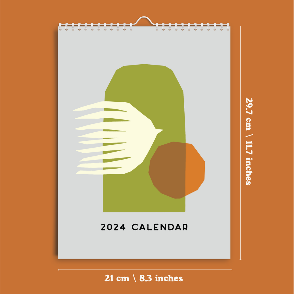 2024 A4 Calendar - scandi inspired illustrations on each monthly page. 100% Recycled Paper, Made in the UK. Includes moon phases and week numbers.