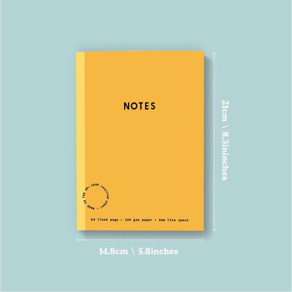 sunflower yellow lined notebook. 60 pages. 100% recycled paper.