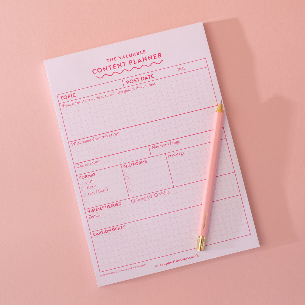 A5 Pink Grid Social Media Daily Planner Pad. Plan out individual pieces of content in detail with the help of this handy planner pad. 100% Recycled Paper and Made in the UK.