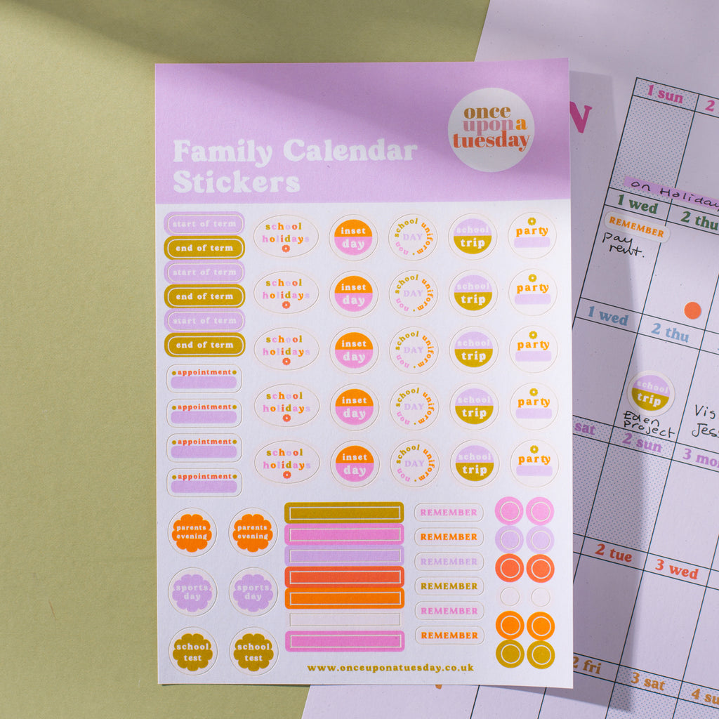 One sheet of family calendar planner stickers. Use on your calendar, wall planner, or in your diary. 100% Recycled Paper. Made in the UK.
