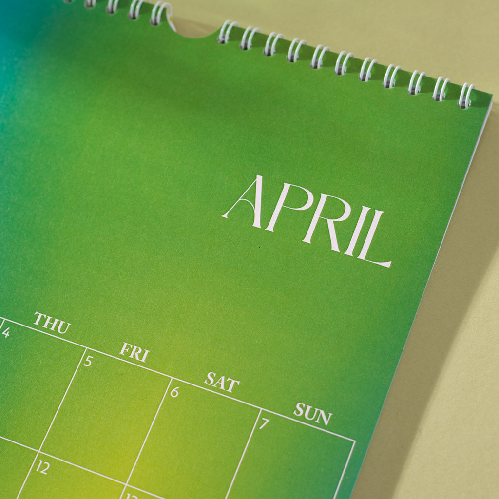 2024, A4 hanging wall calendar in our gradient grid design. 100% recycled paper. Made in the UK.