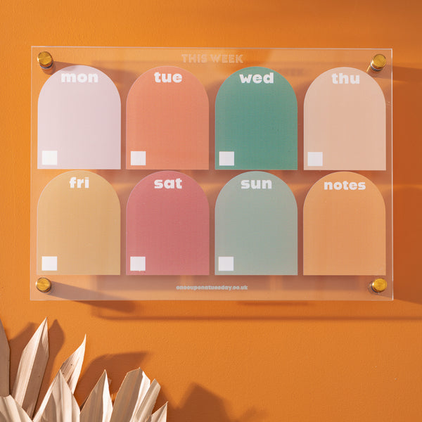 A4 Wipeable Weekly Planner in the Muted Arches Design. A4. Comes with or without wall mounts. Printed on Greencast 100% Recycled Acrylic. Made in the UK.