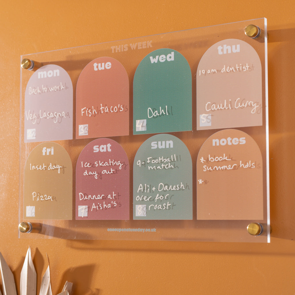 A4 Wipeable Weekly Planner in the Muted Arches Design. A4. Comes with or without wall mounts. Printed on Greencast 100% Recycled Acrylic. Made in the UK.