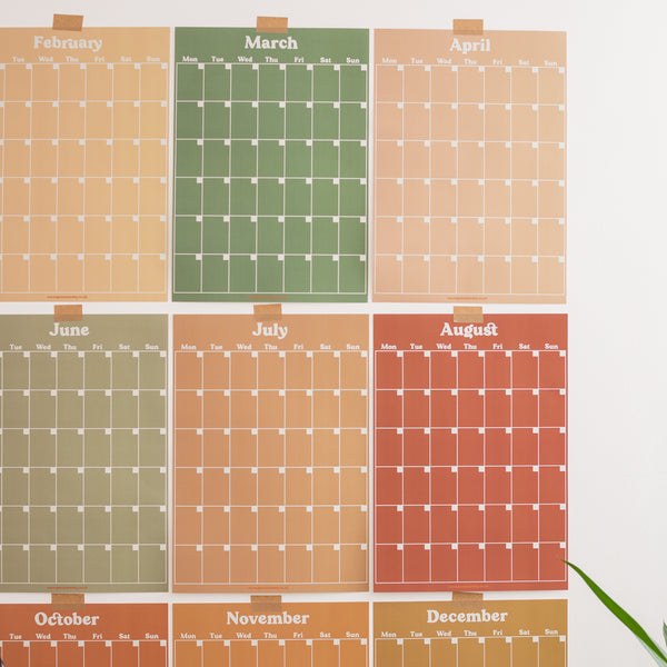 Extra large format monthly wall planner. Earthy colours