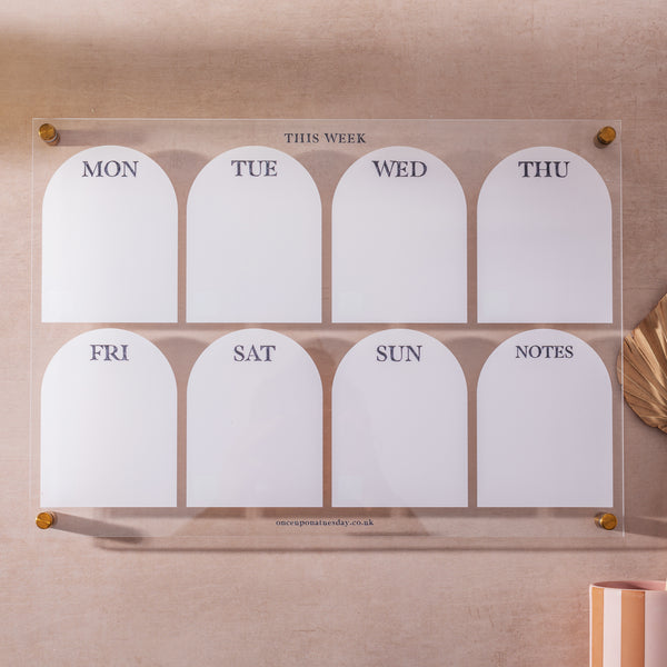 A3 landscape wipeable acrylic weekly planner in neutral arches. 100% Greencast Recycled Acrylic. Design and printed in the UK.