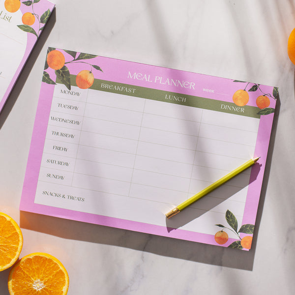 orangerie meal planner and shopping list set. 100% recycled paper. A5 and A4