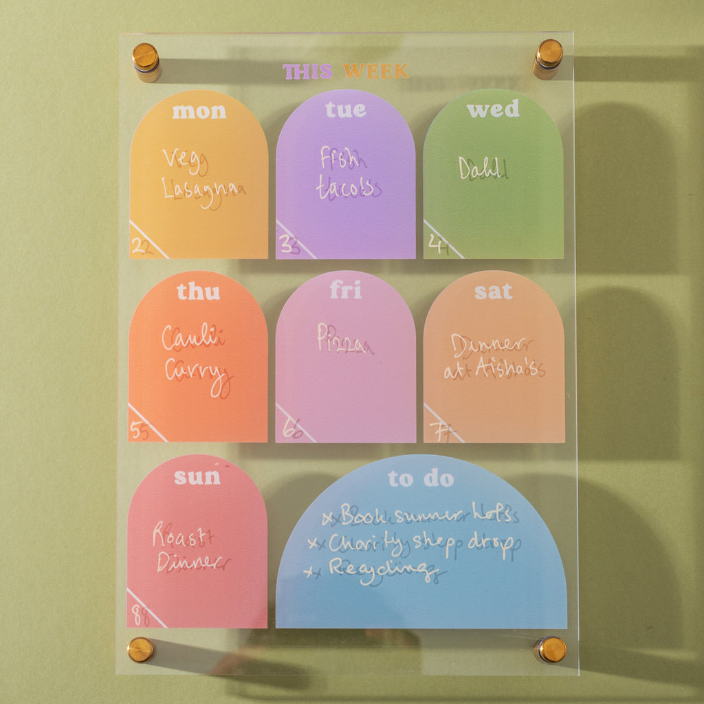 A4 Wipeable Weekly Planner in the Pastel Arches Design. A4. Comes with or without wall mounts. Printed on Greencast 100% Recycled Acrylic. Made in the UK.
