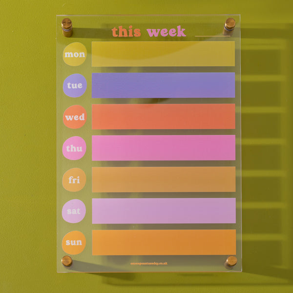 A4 Wipeable Weekly Planner in the Rainbow List Design. A4. Comes with or without wall mounts. Printed on Greencast 100% Recycled Acrylic. Made in the UK.
