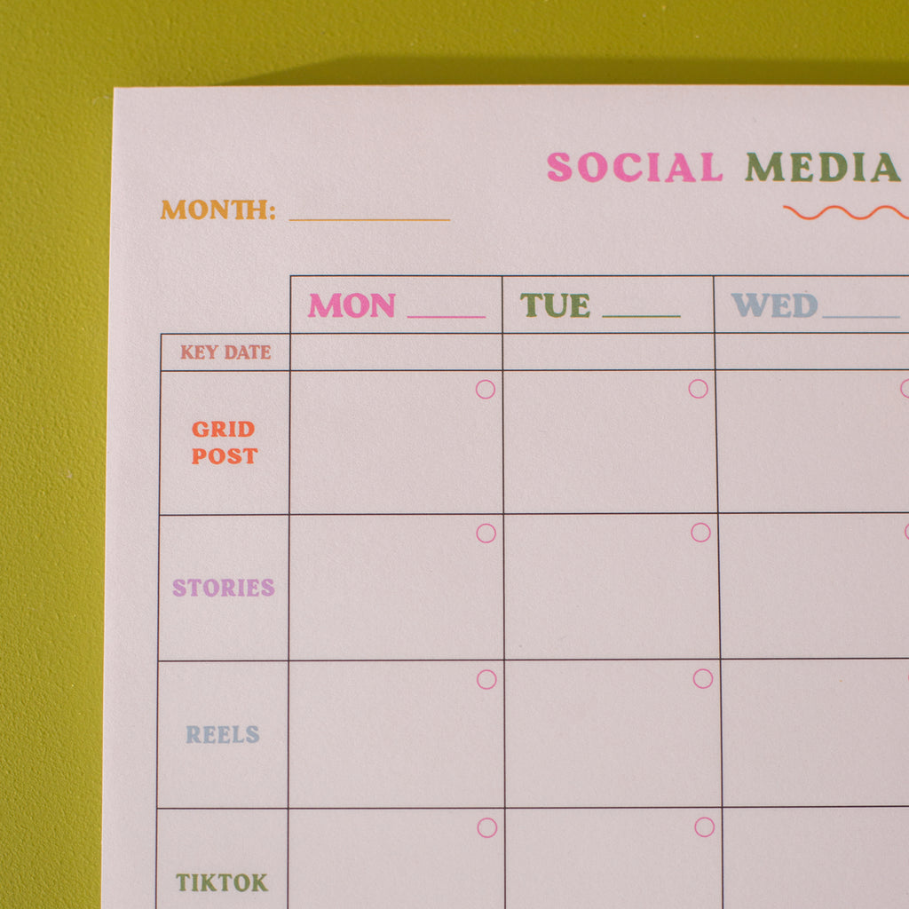 A4 Landscape, Weekly Social Media Content Planner Pad. 7 days, 6 platforms and undated. 52 pages. 100% Recycled Paper. Made in the UK.