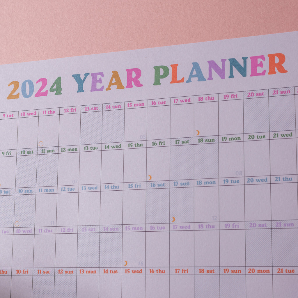2024 landscape wall planner in the 'this is the year' design. 49cm x 70cm. 100% recycled paper. 12 months - January to december.2024 landscape wall planner in the this is the year design. 49cm x 70cm. 100% recycled paper. 12 months - January to December